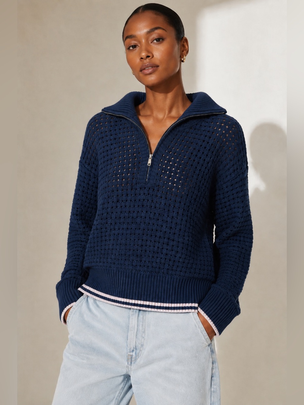Scotch & Soda 3/4 Zip Pointelle Sweater XL Big Dipper Cotton Blend